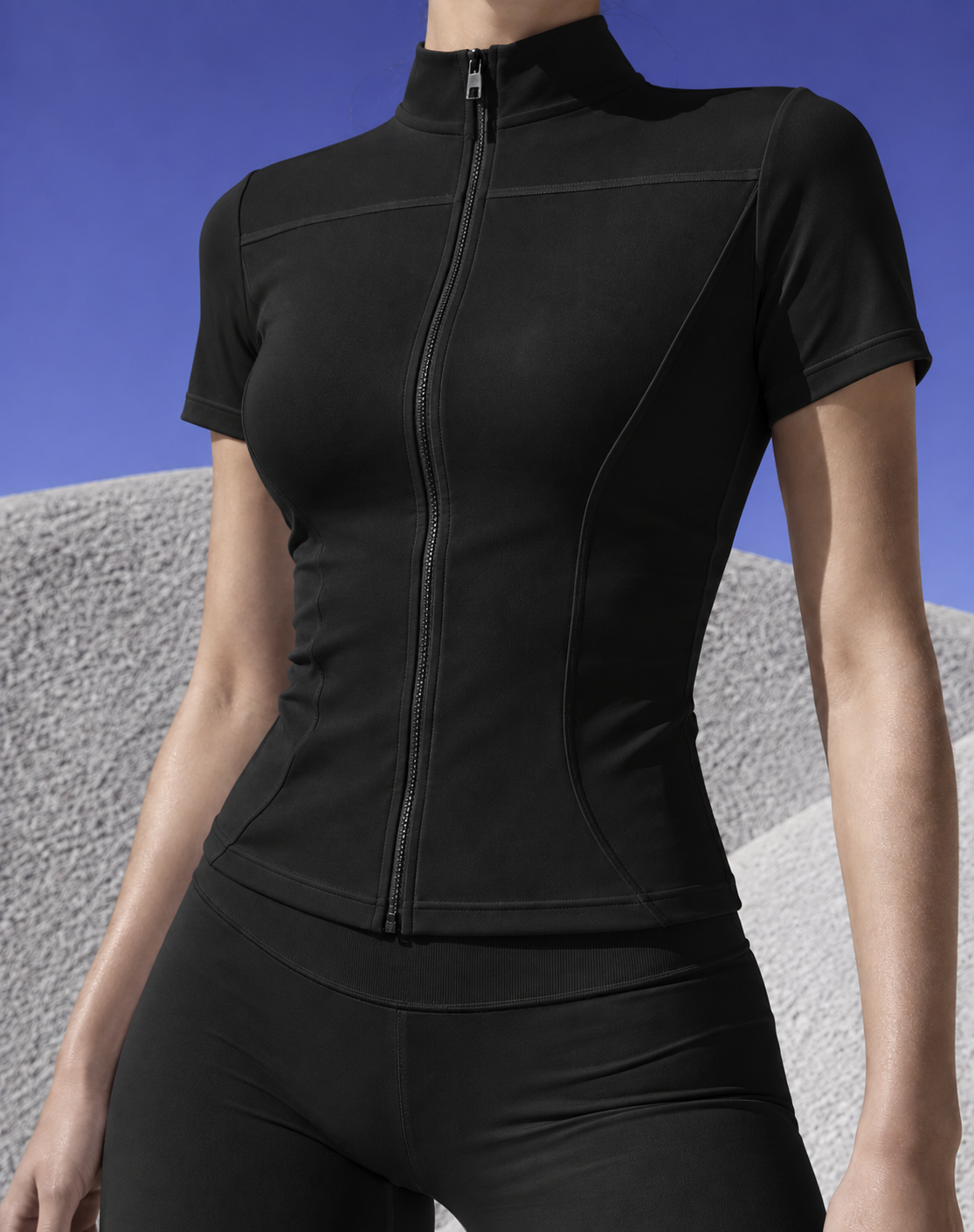 Salt Opera Aero Jacket 001 in black, close-up front view on model